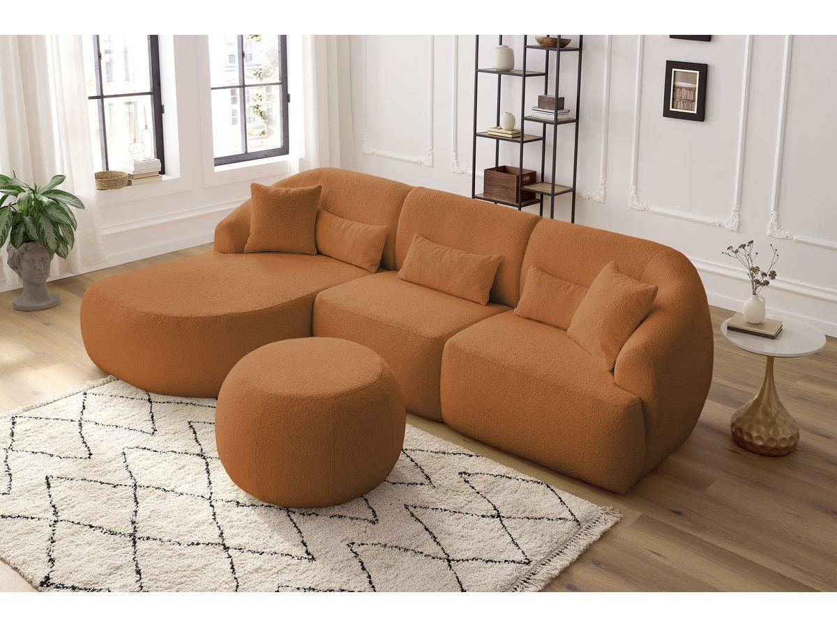 Canapé d'angle fixe ALESIA tissu bouclette avec pouf