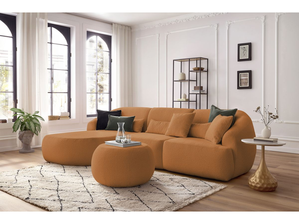 Canapé d'angle fixe ALESIA tissu bouclette avec pouf