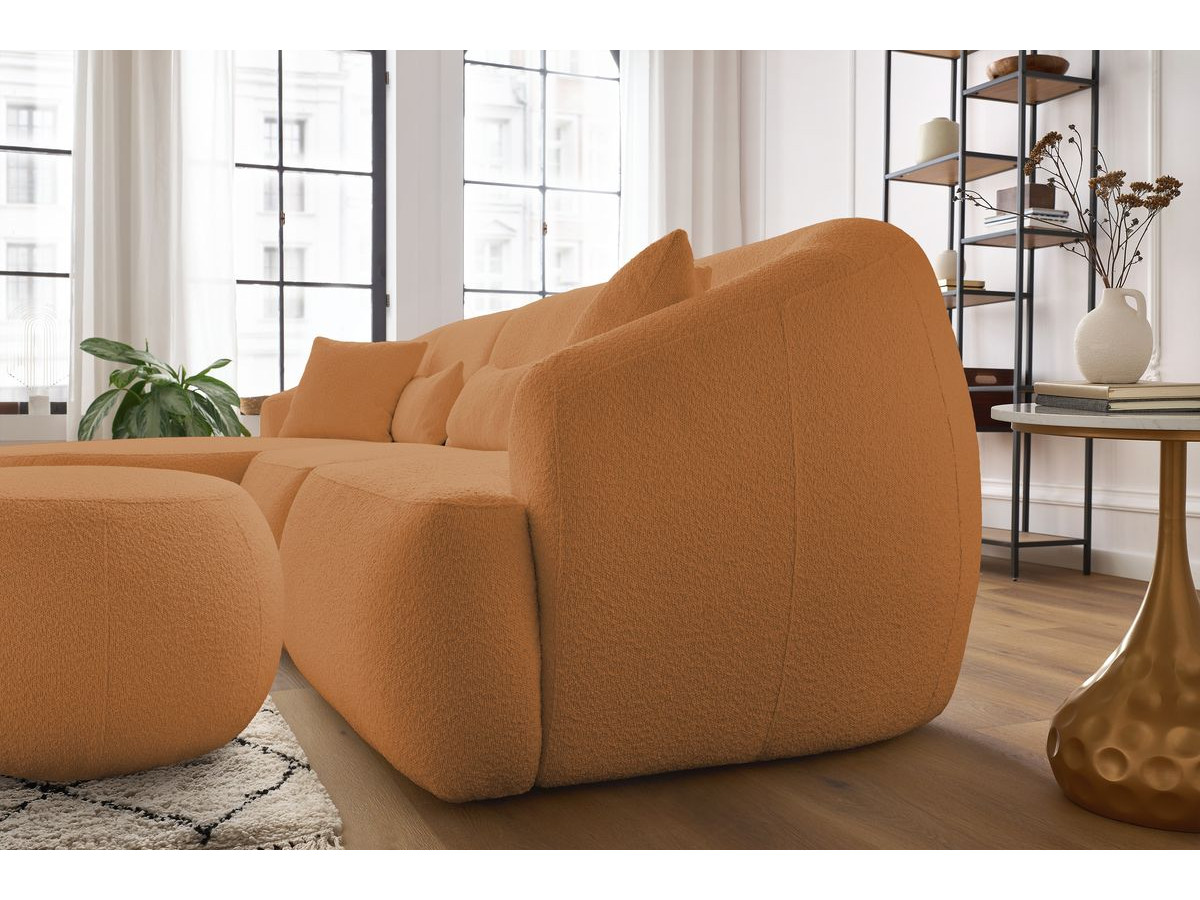 Canapé d'angle fixe ALESIA tissu bouclette avec pouf