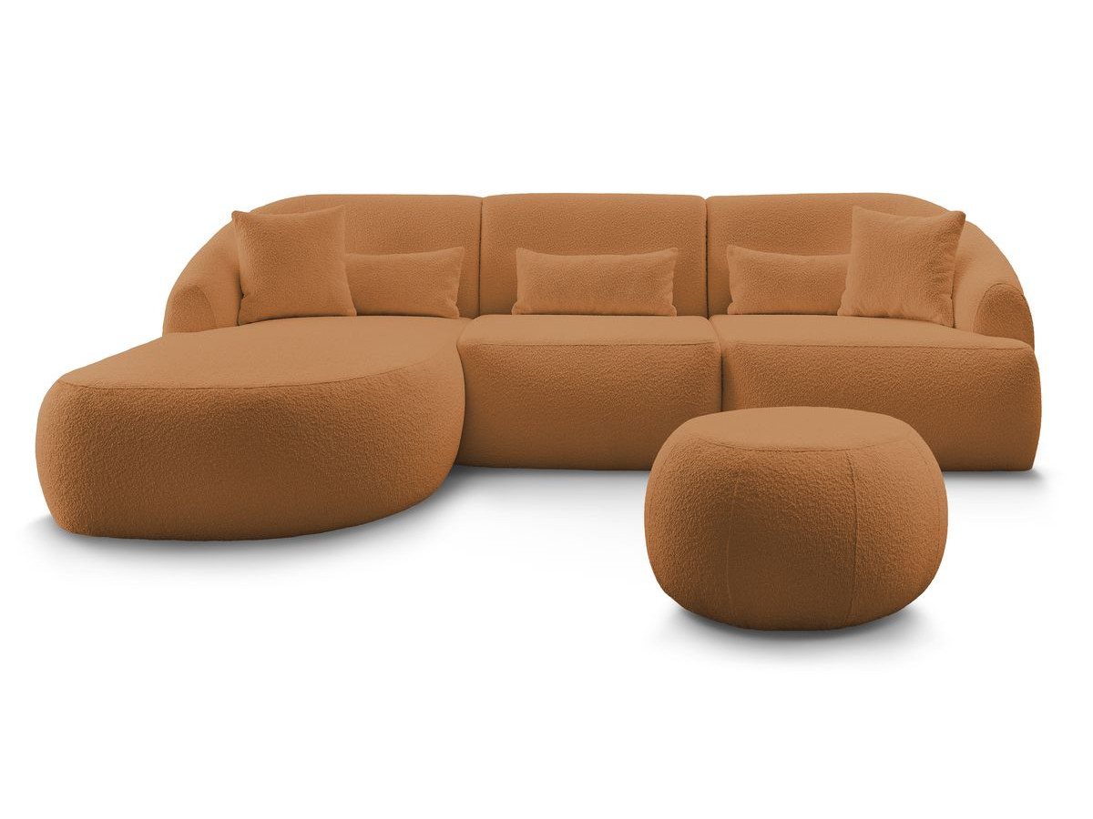 Canapé d'angle fixe ALESIA tissu bouclette avec pouf
