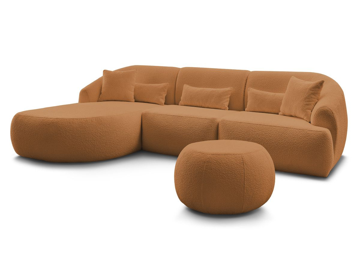 Canapé d'angle fixe ALESIA tissu bouclette avec pouf