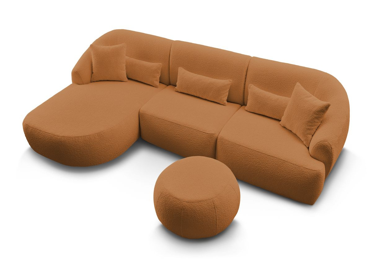 Canapé d'angle fixe ALESIA tissu bouclette avec pouf