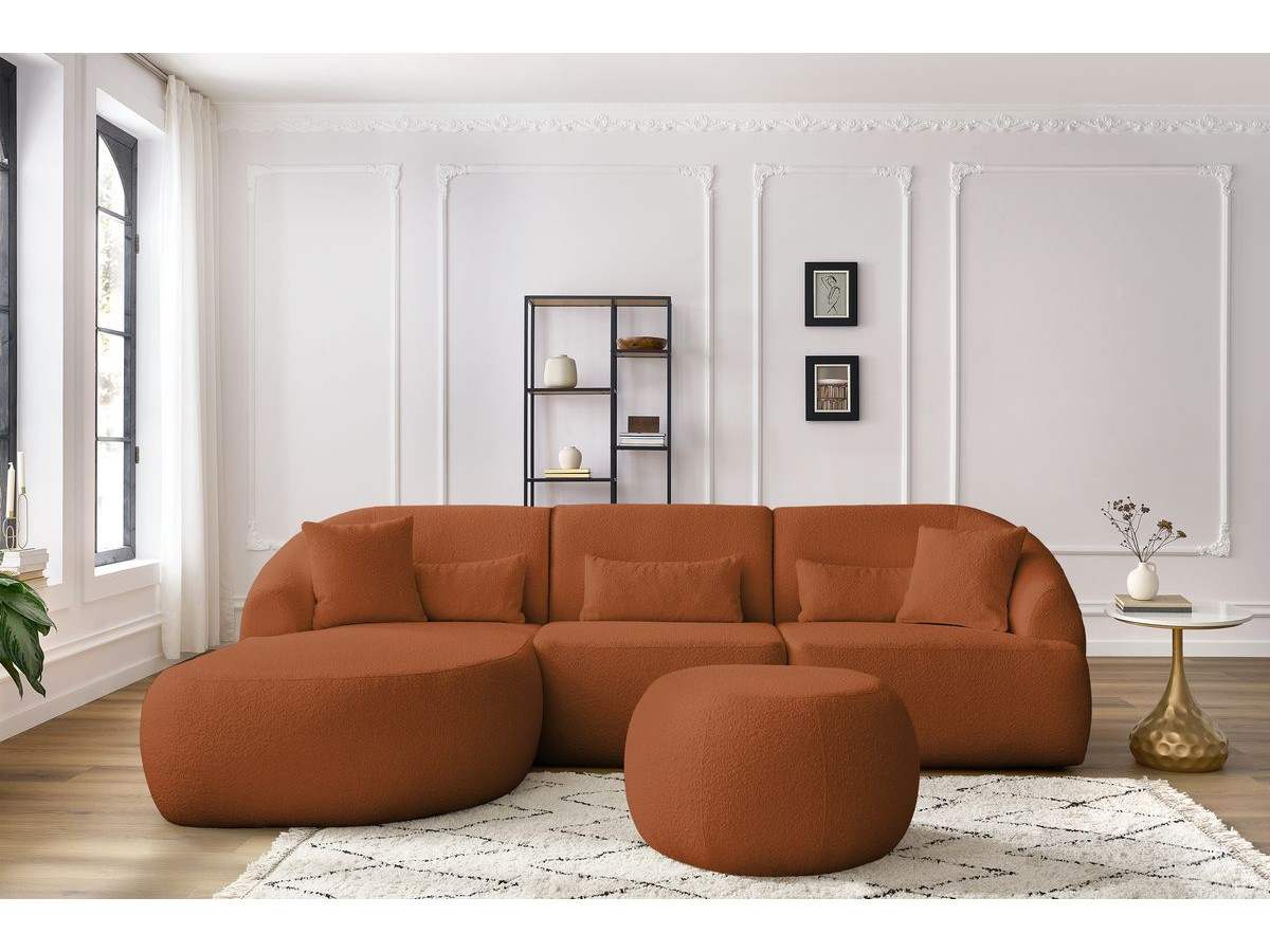 Canapé d'angle fixe ALESIA tissu bouclette avec pouf orange  angle gauche BOBOCHIC 4 places - Vue supplémentaire 3