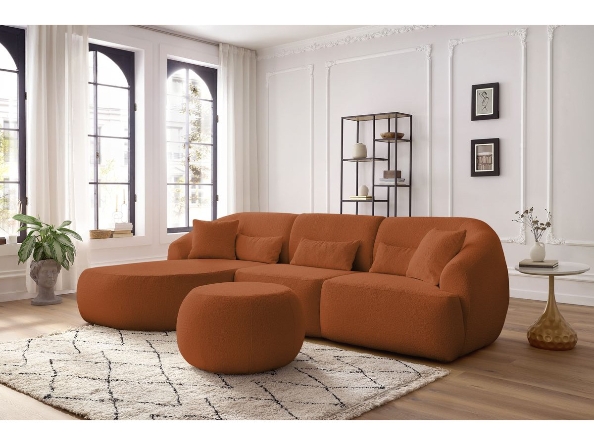 Canapé d'angle fixe ALESIA tissu bouclette avec pouf orange  angle gauche BOBOCHIC 4 places - Vue supplémentaire 2