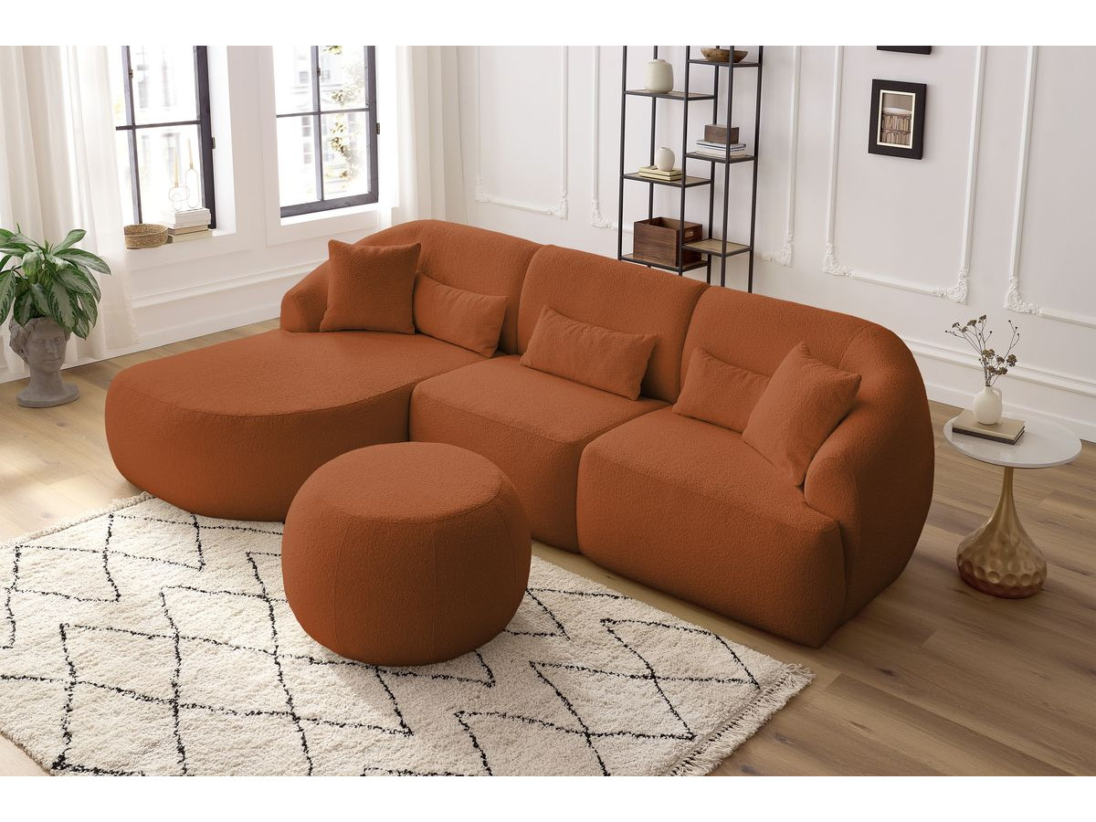 Canapé d'angle fixe ALESIA tissu bouclette avec pouf