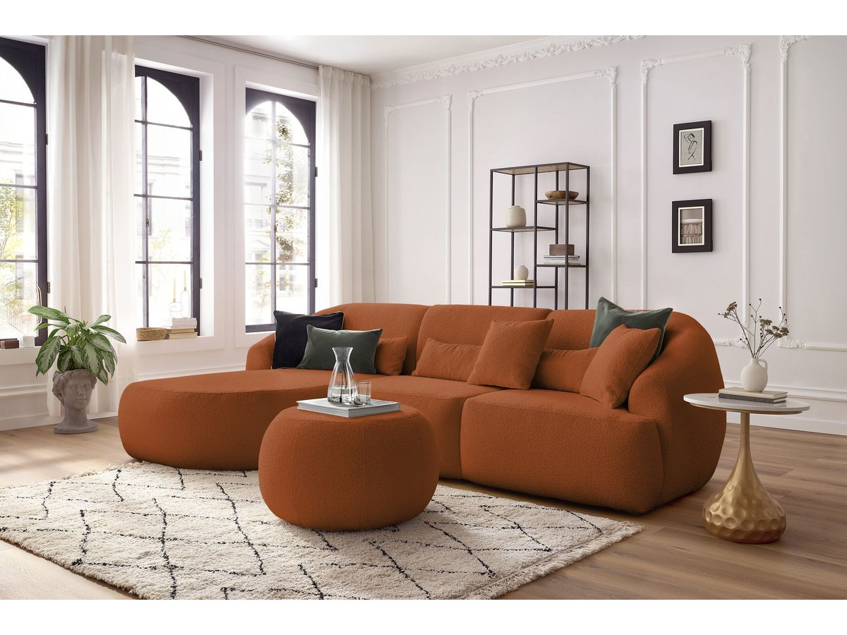 Canapé d'angle fixe ALESIA tissu bouclette avec pouf