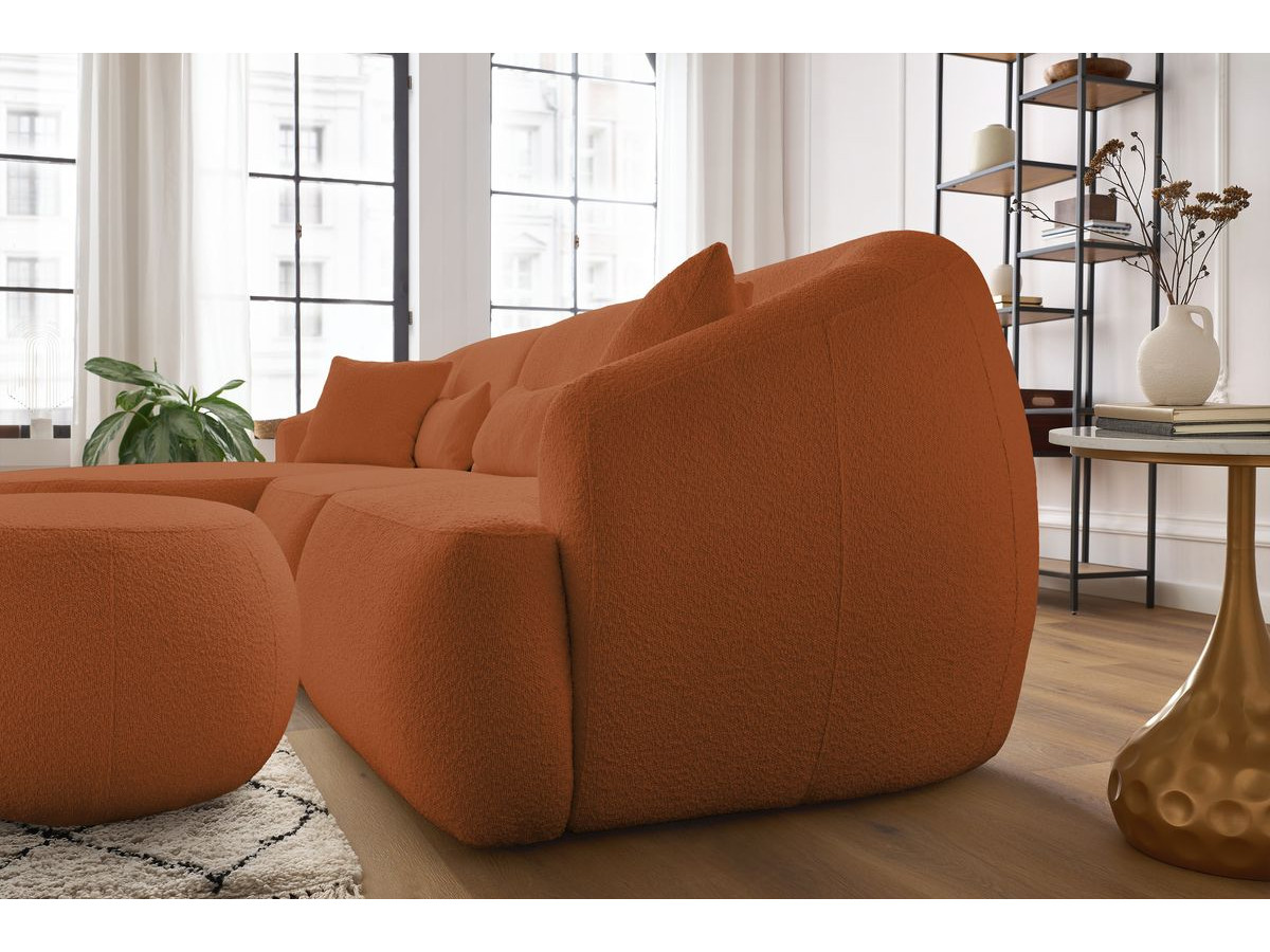 Canapé d'angle fixe ALESIA tissu bouclette avec pouf
