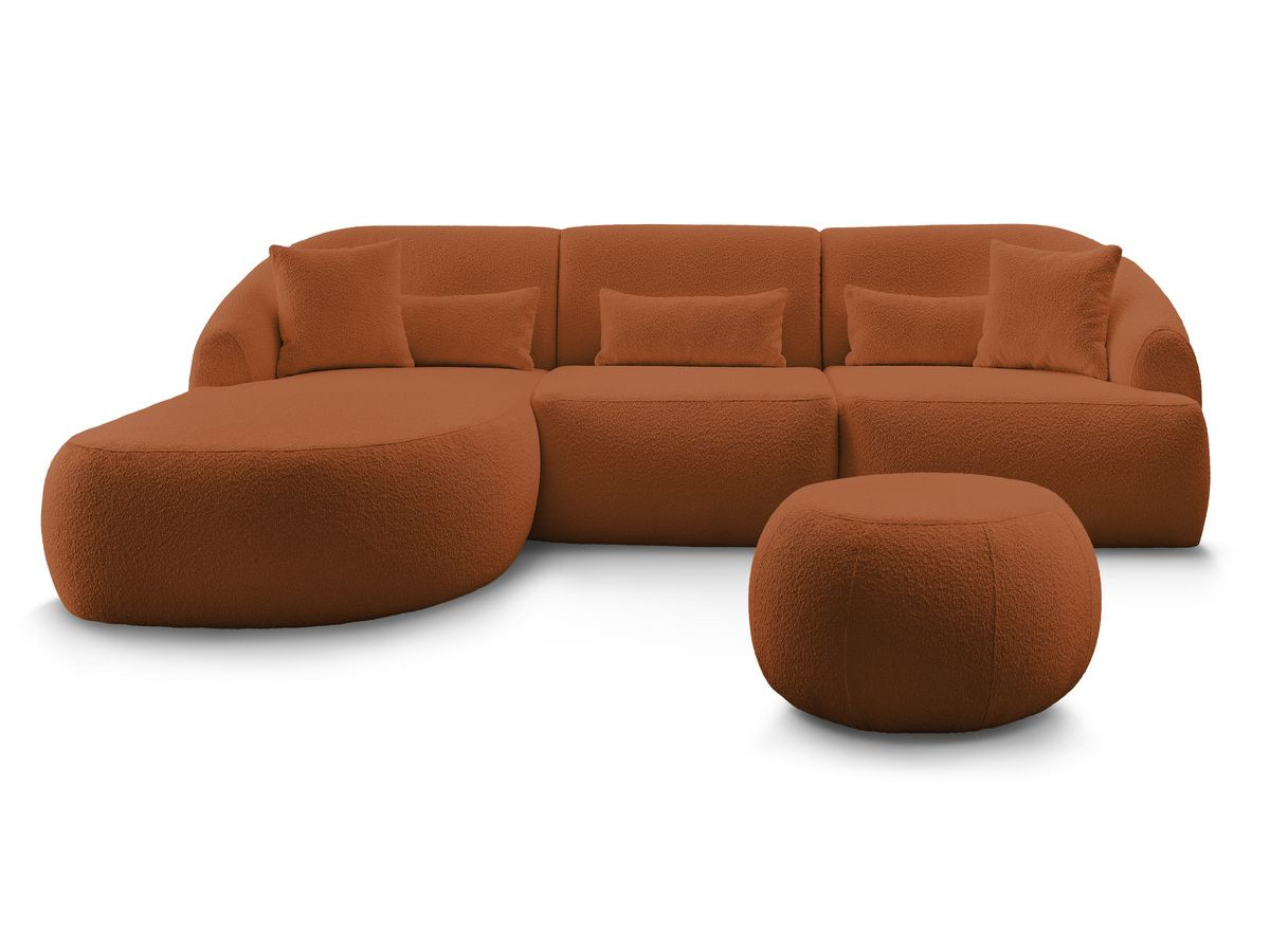 Canapé d'angle fixe ALESIA tissu bouclette avec pouf