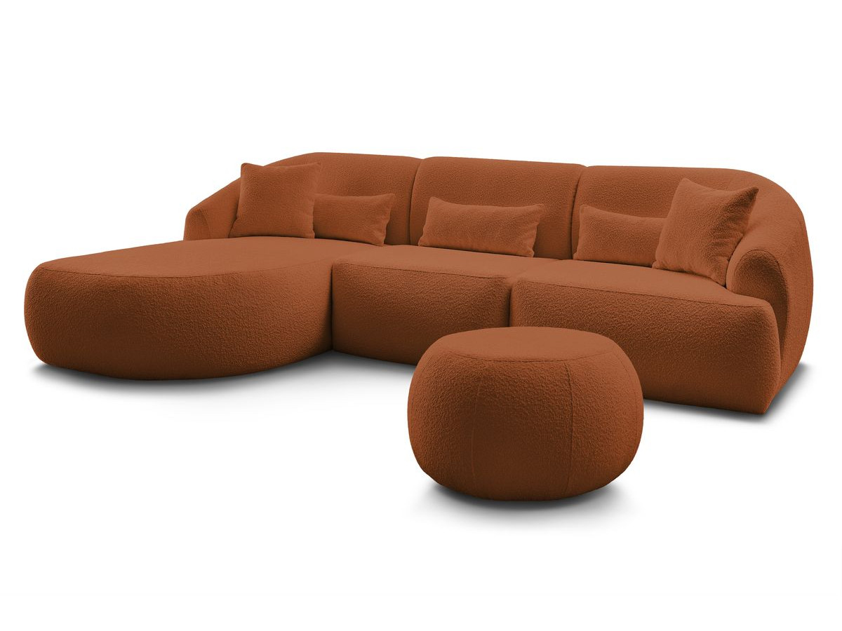 Canapé d'angle fixe ALESIA tissu bouclette avec pouf