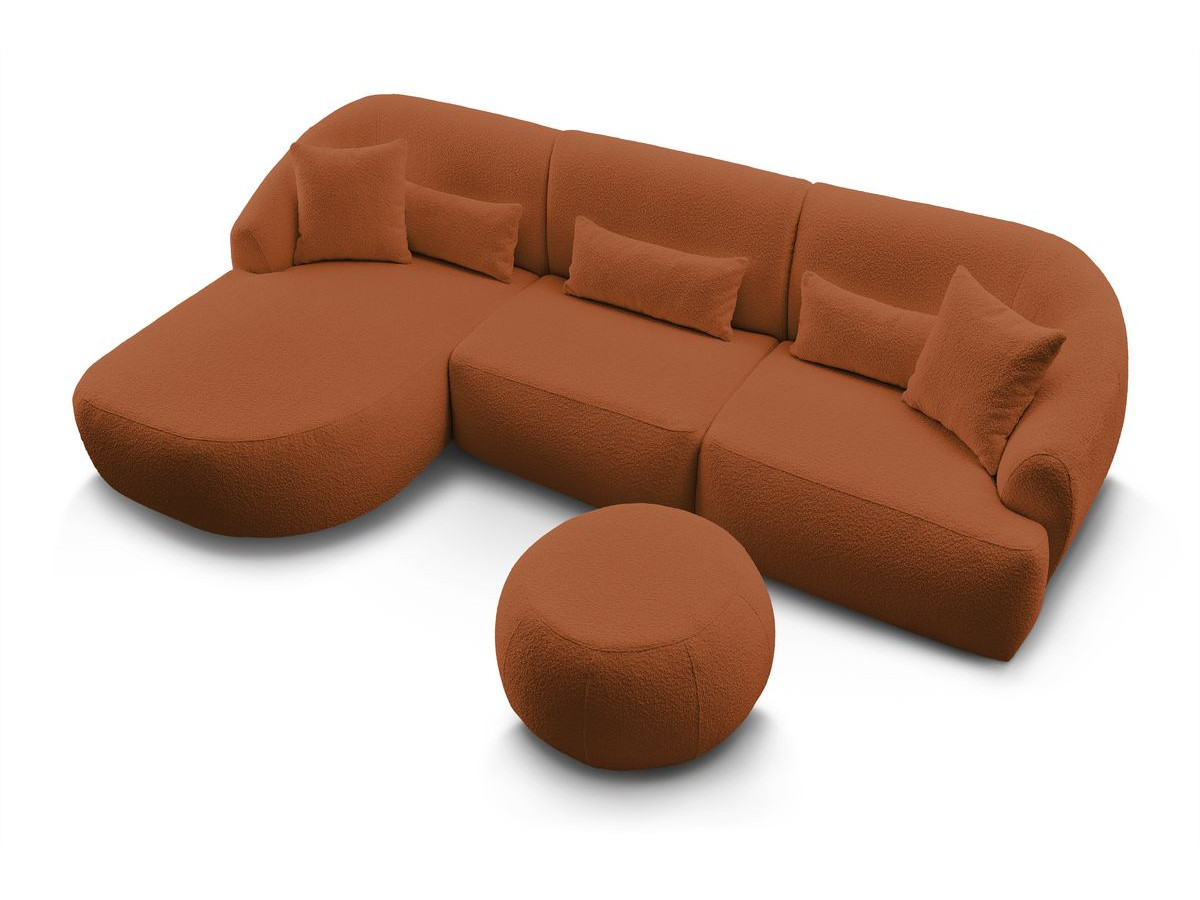 Canapé d'angle fixe ALESIA tissu bouclette avec pouf