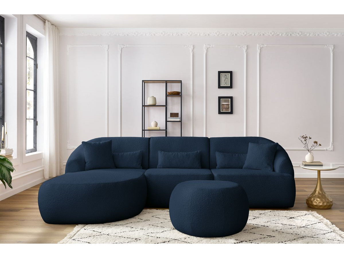 Canapé d'angle fixe ALESIA tissu bouclette avec pouf bleu foncé  angle gauche BOBOCHIC 4 places - Vue supplémentaire 3