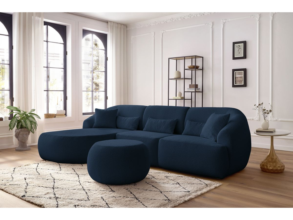 Canapé d'angle fixe ALESIA tissu bouclette avec pouf bleu foncé  angle gauche BOBOCHIC 4 places - Vue supplémentaire 2