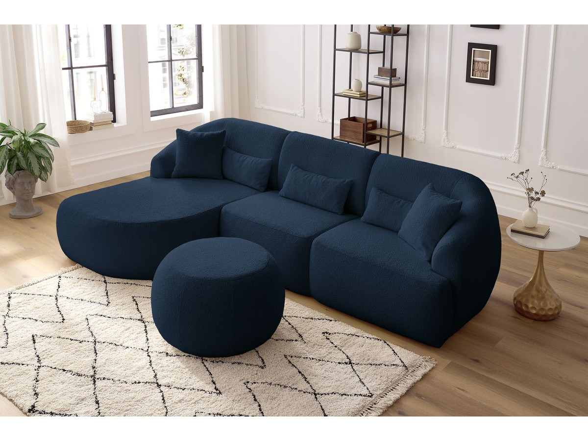 Canapé d'angle fixe ALESIA tissu bouclette avec pouf