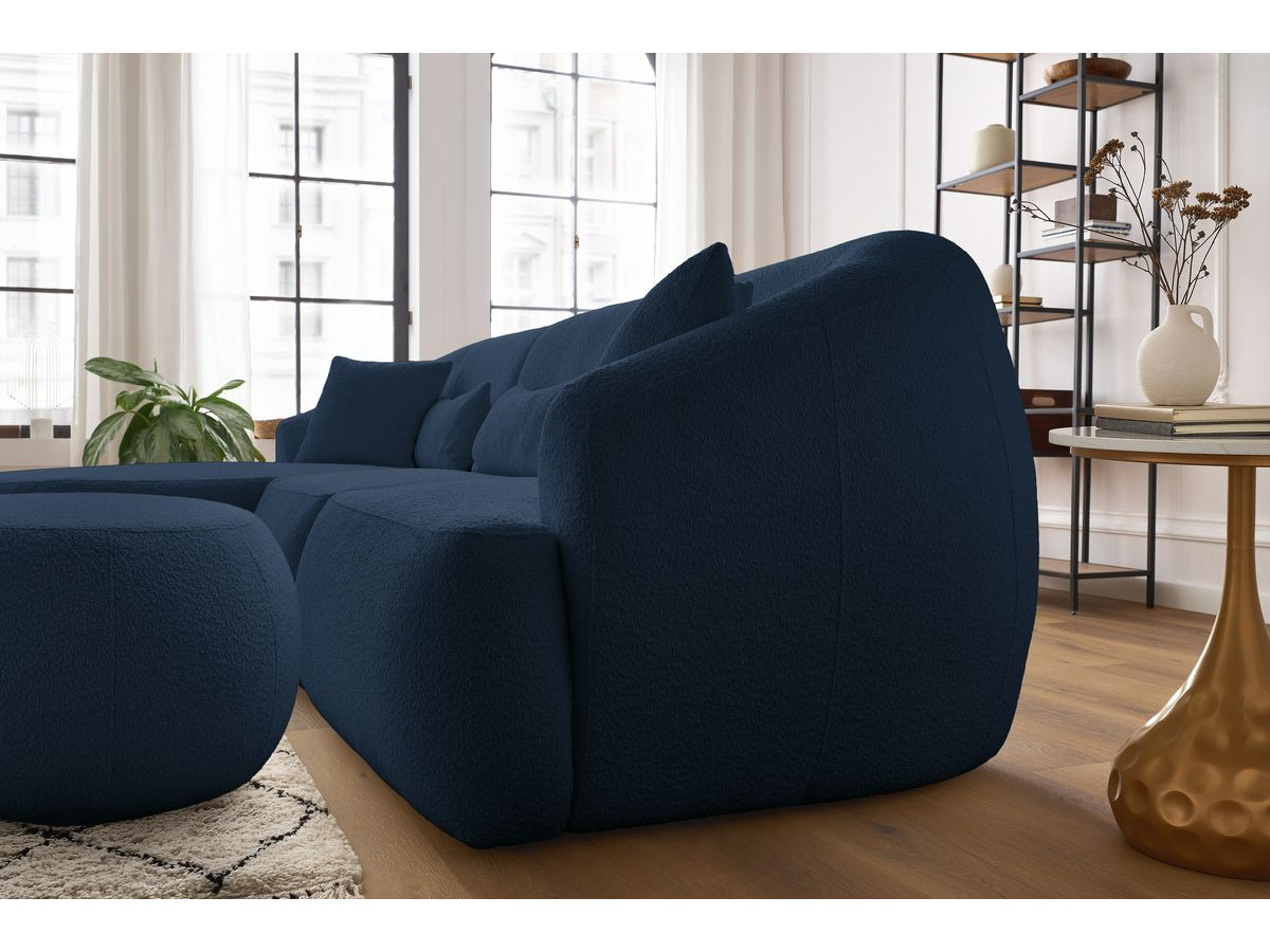 Canapé d'angle fixe ALESIA tissu bouclette avec pouf