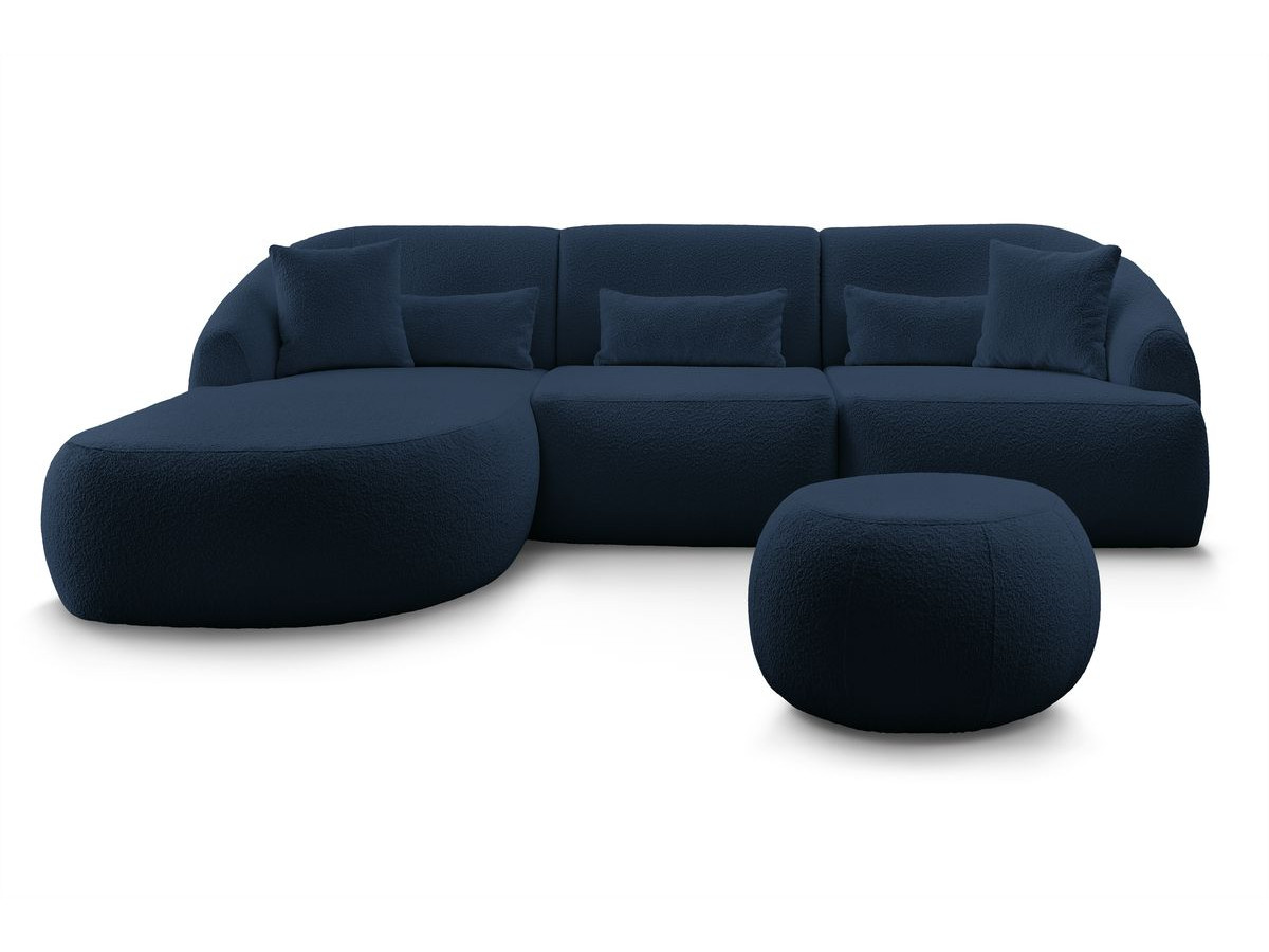 Canapé d'angle fixe ALESIA tissu bouclette avec pouf