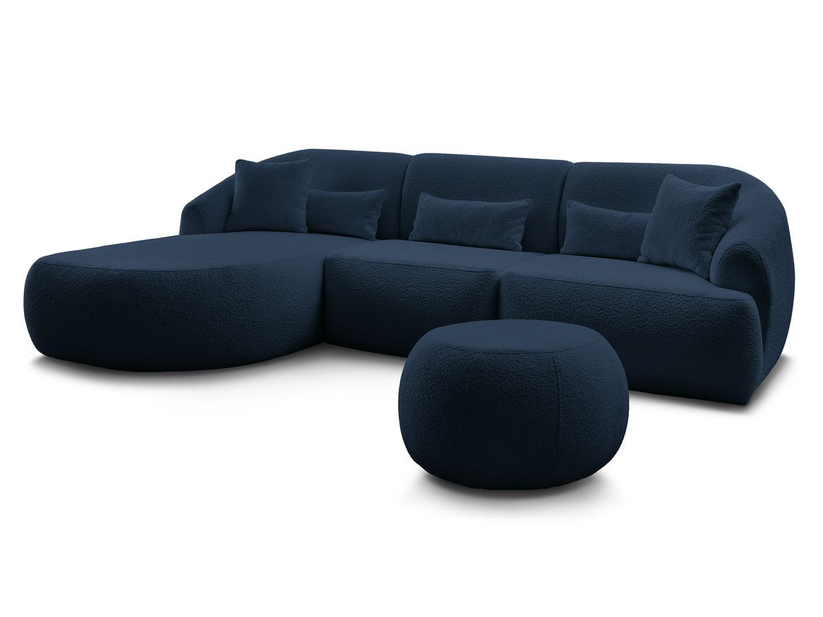 Canapé d'angle fixe ALESIA tissu bouclette avec pouf