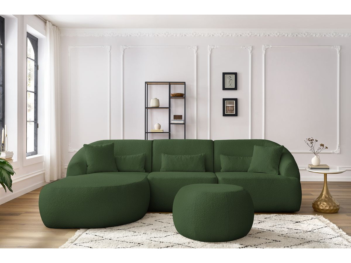 Canapé d'angle fixe ALESIA tissu bouclette avec pouf vert  angle gauche BOBOCHIC 4 places - Vue supplémentaire 3