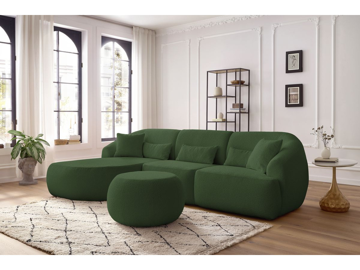 Canapé d'angle fixe ALESIA tissu bouclette avec pouf vert  angle gauche BOBOCHIC 4 places - Vue supplémentaire 2