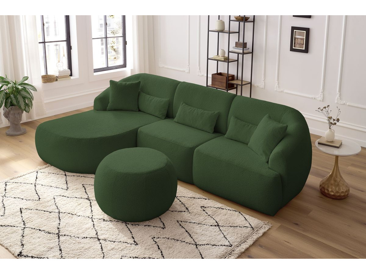 Canapé d'angle fixe ALESIA tissu bouclette avec pouf