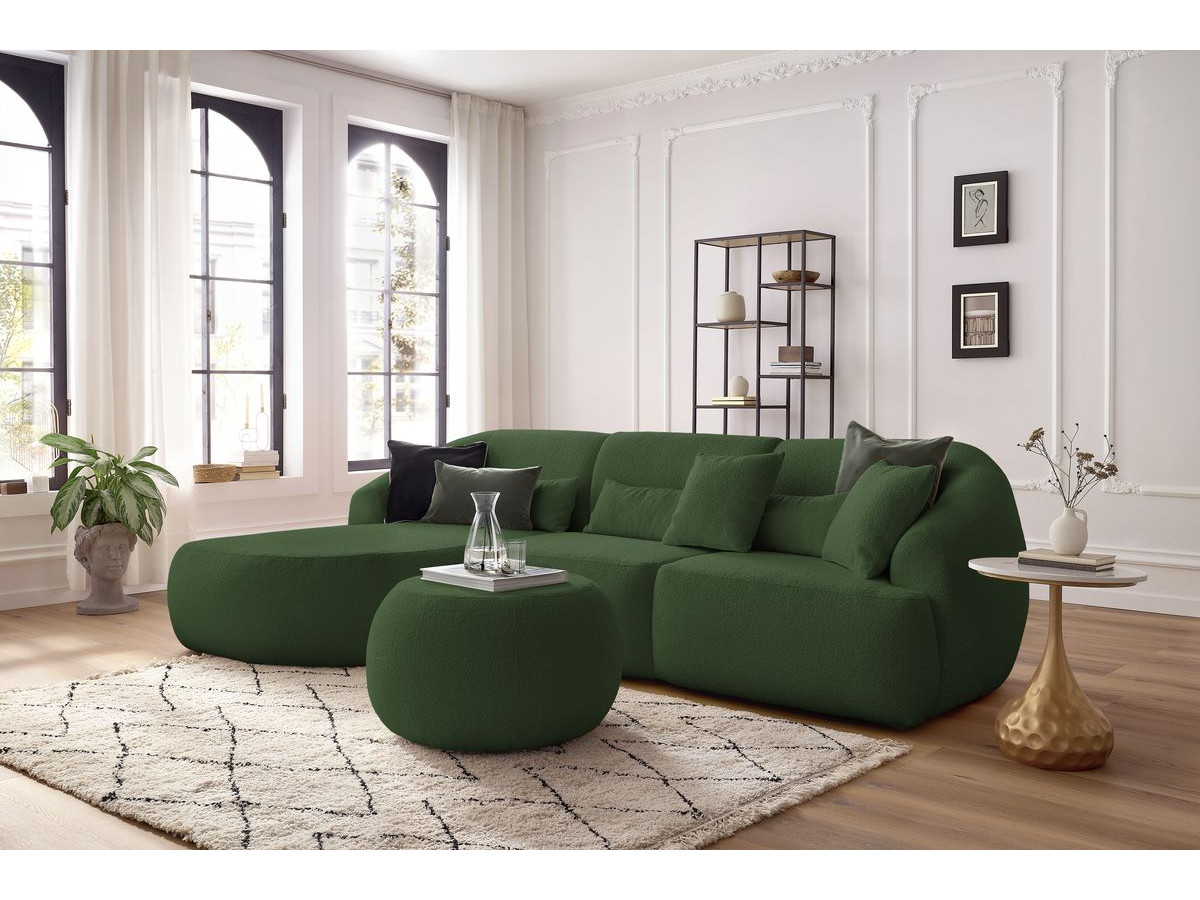 Canapé d'angle fixe ALESIA tissu bouclette avec pouf