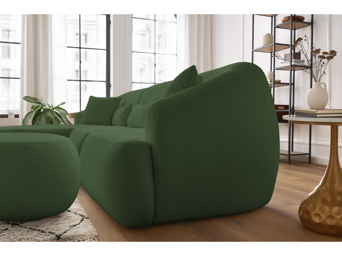 Canapé d'angle fixe ALESIA tissu bouclette avec pouf