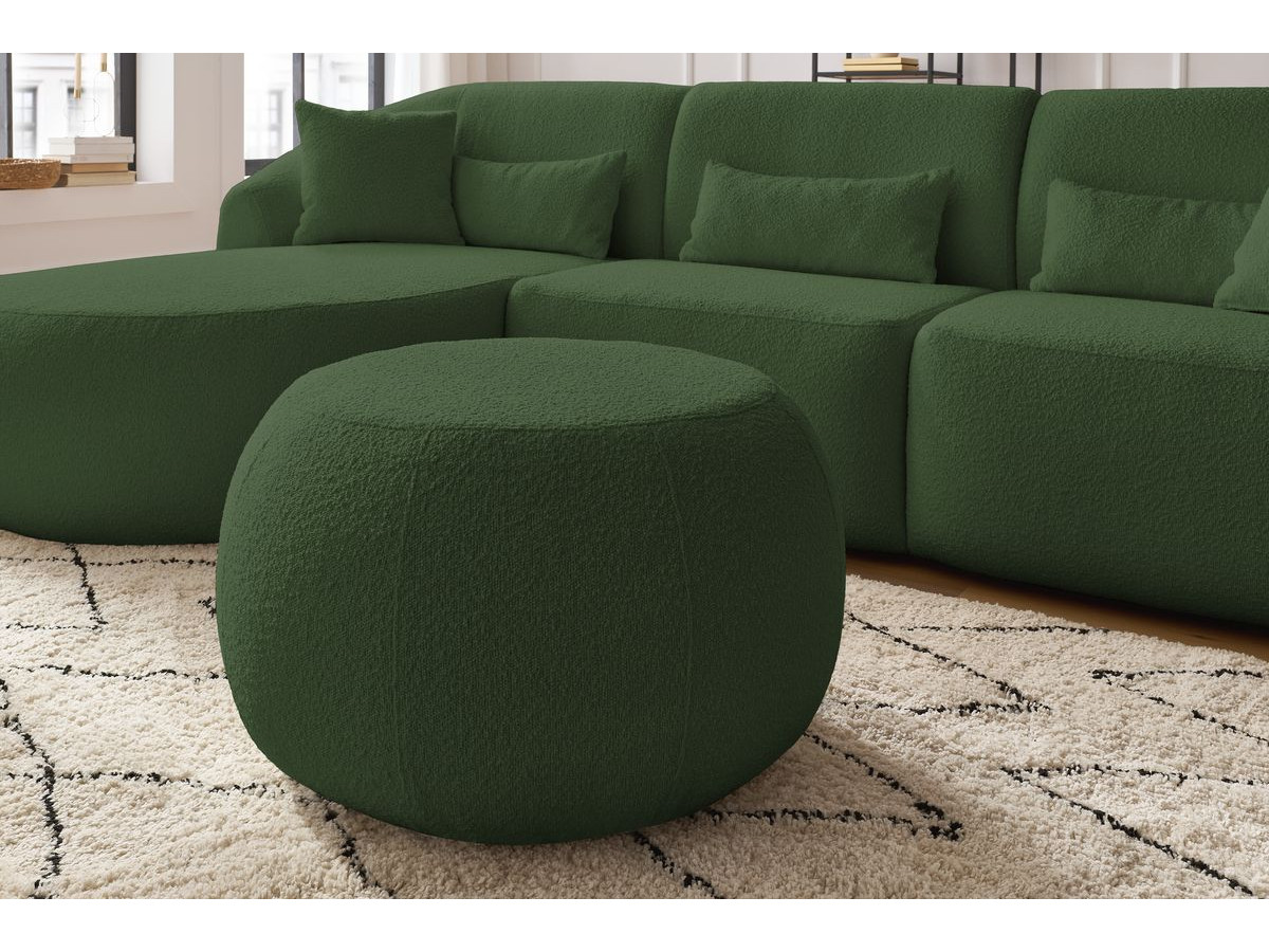 Canapé d'angle fixe ALESIA tissu bouclette avec pouf