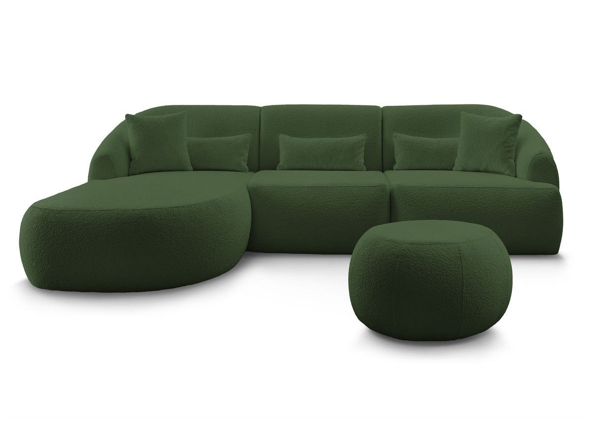 Canapé d'angle fixe ALESIA tissu bouclette avec pouf
