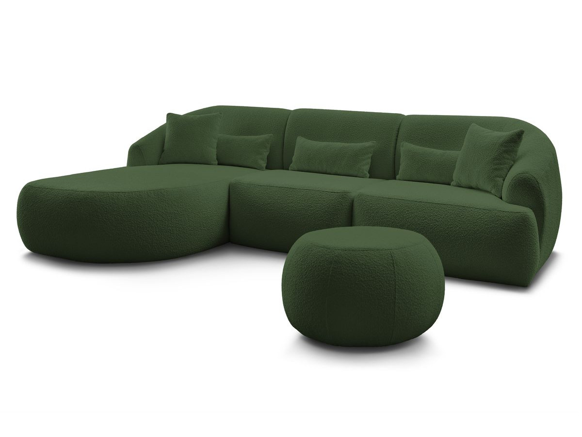 Canapé d'angle fixe ALESIA tissu bouclette avec pouf