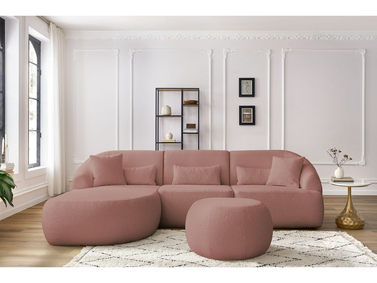 Canapé d'angle fixe ALESIA tissu bouclette avec pouf rose  angle gauche BOBOCHIC 4 places - Vue supplémentaire 3