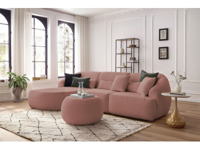 Canapé d'angle fixe ALESIA tissu bouclette avec pouf