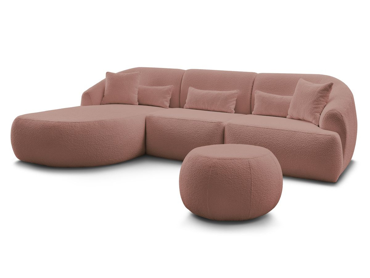 Canapé d'angle fixe ALESIA tissu bouclette avec pouf