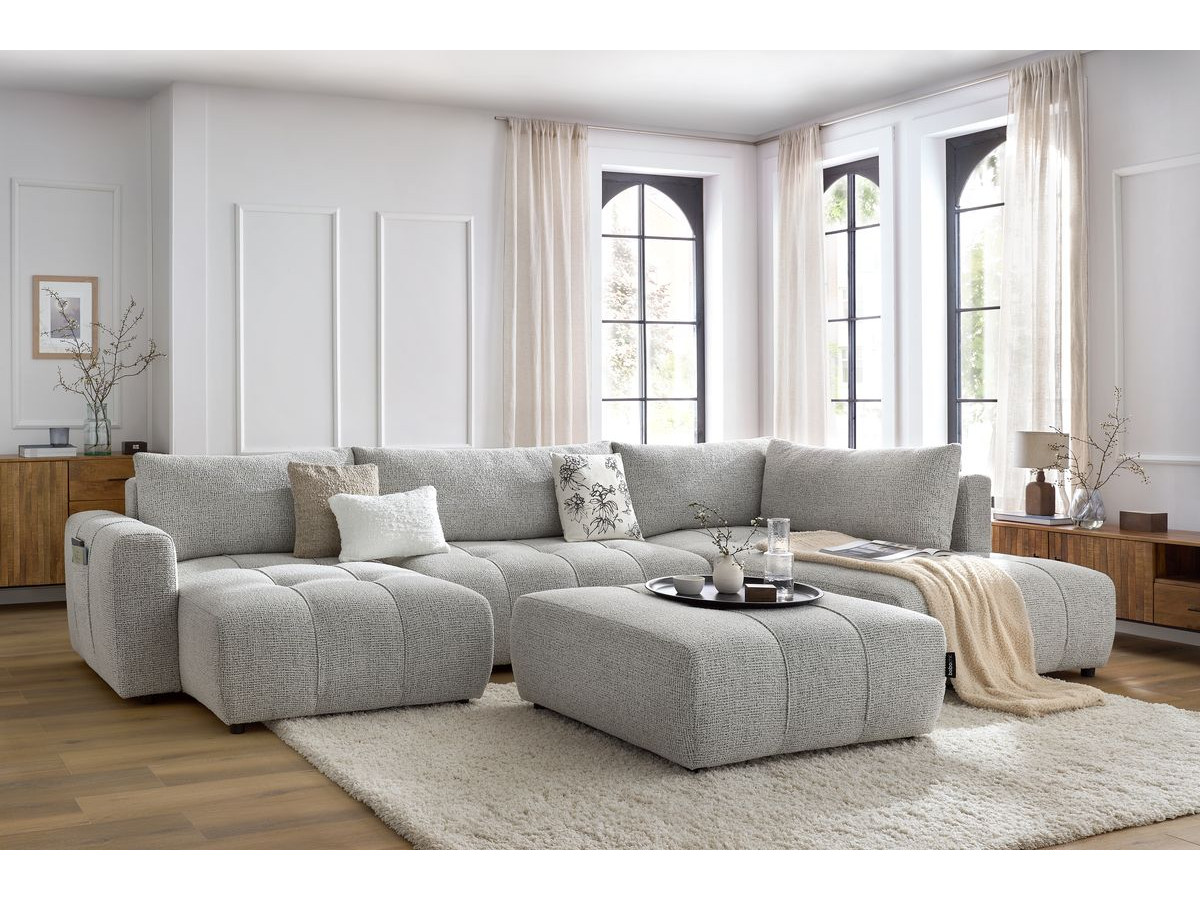 Canapé panoramique convertible coffre ARSENE avec pouf gris clair  angle gauche BOBOCHIC 6 places