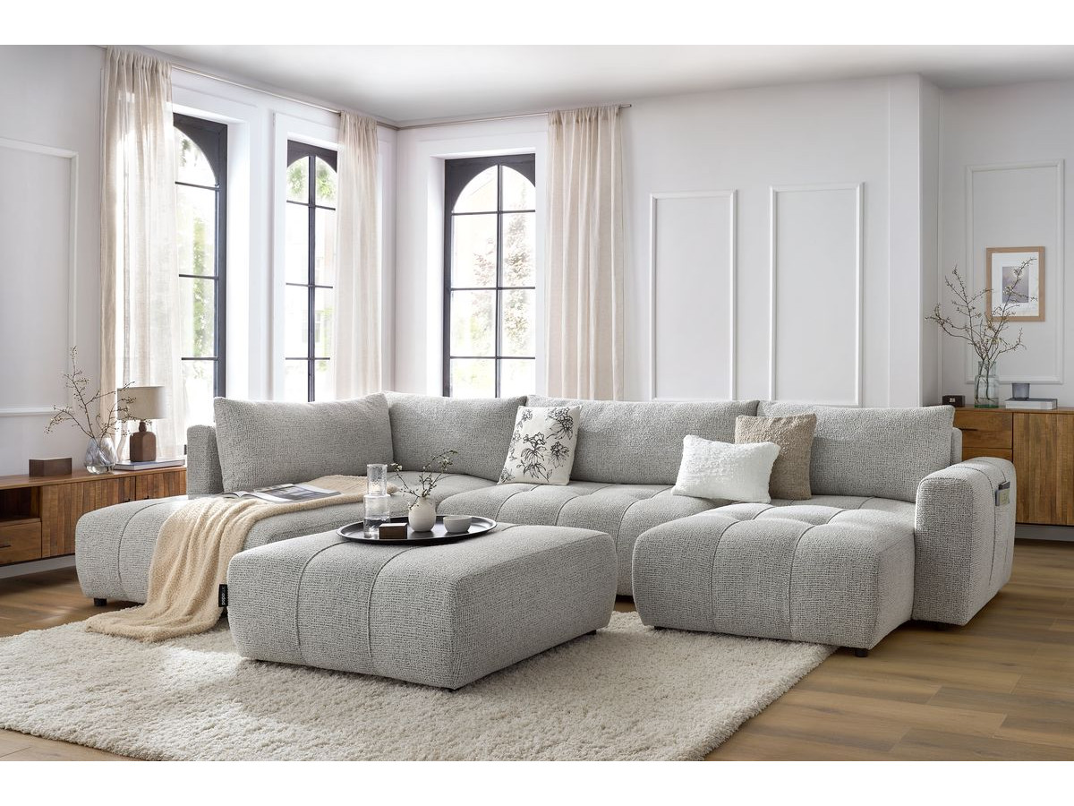 Canapé panoramique convertible coffre ARSENE avec pouf gris clair  angle droit BOBOCHIC 6 places