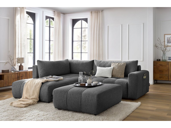 Canapé d'angle L convertible coffre ARSENE avec pouf