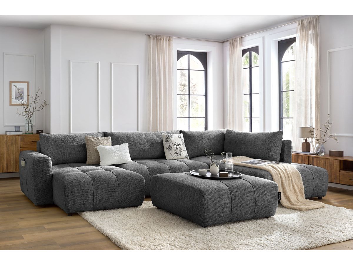 Canapé panoramique convertible coffre ARSENE avec pouf gris foncé  angle gauche BOBOCHIC 6 places