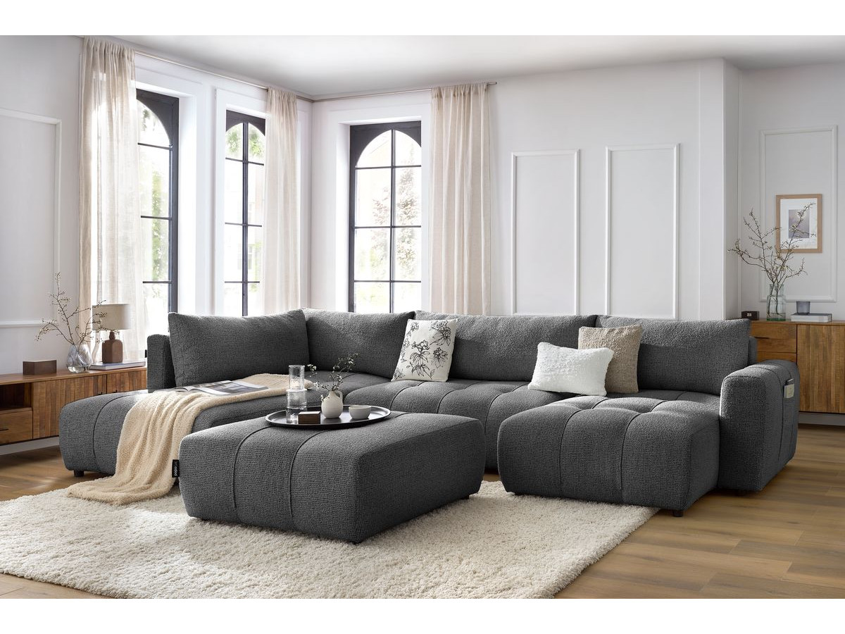 Canapé panoramique convertible coffre ARSENE avec pouf gris foncé  angle droit BOBOCHIC 6 places