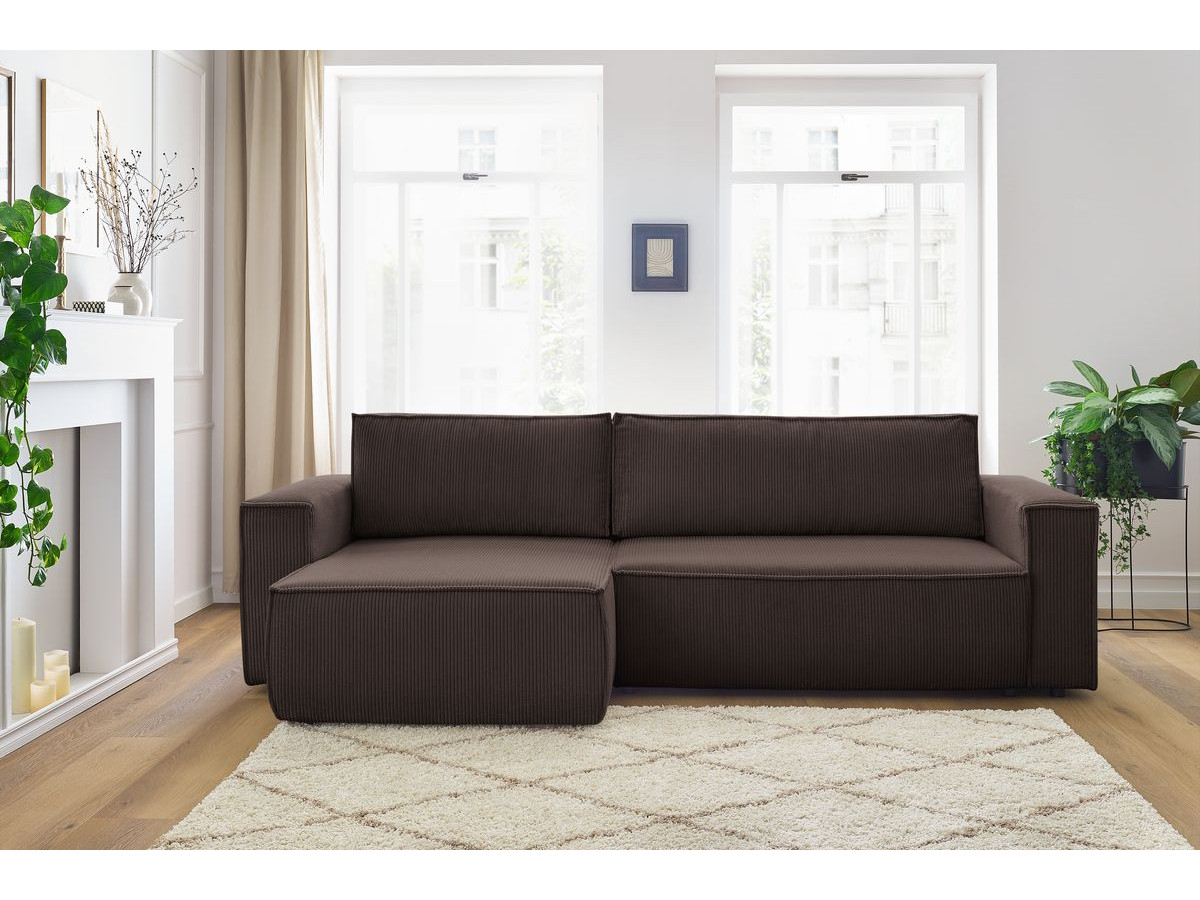 Canapé d'angle réversible convertible coffre NIHAD velours côtelé marron — vue 5