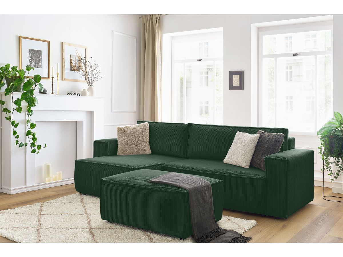 Canapé d'angle réversible convertible coffre NIHAD velours côtelé avec pouf