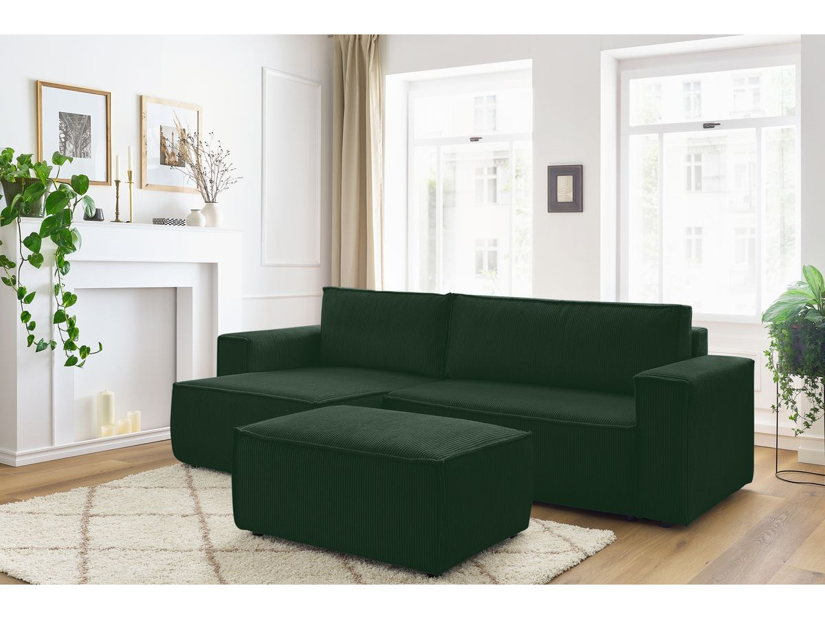 Canapé d'angle réversible convertible coffre NIHAD velours côtelé avec pouf vert foncé BOBOCHIC 5 places - Vue supplémentaire 2