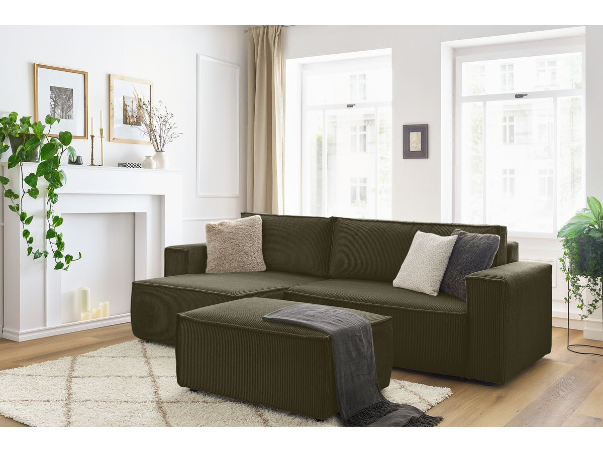 Canapé d'angle réversible convertible coffre NIHAD velours côtelé avec pouf