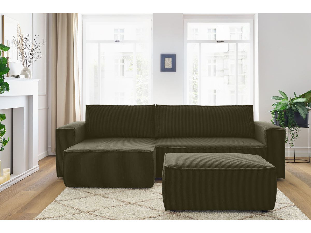 Canapé d'angle réversible convertible coffre NIHAD velours côtelé avec pouf