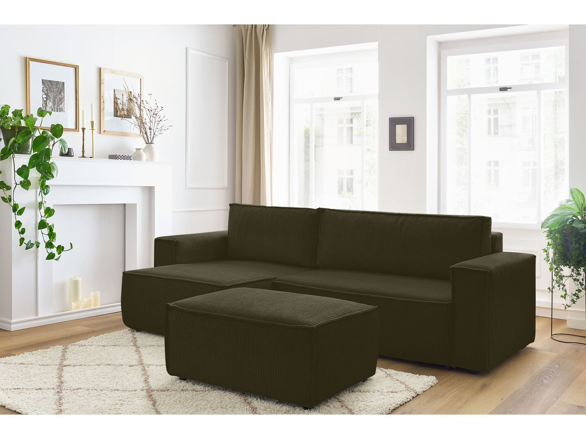 Canapé d'angle réversible convertible coffre NIHAD velours côtelé avec pouf