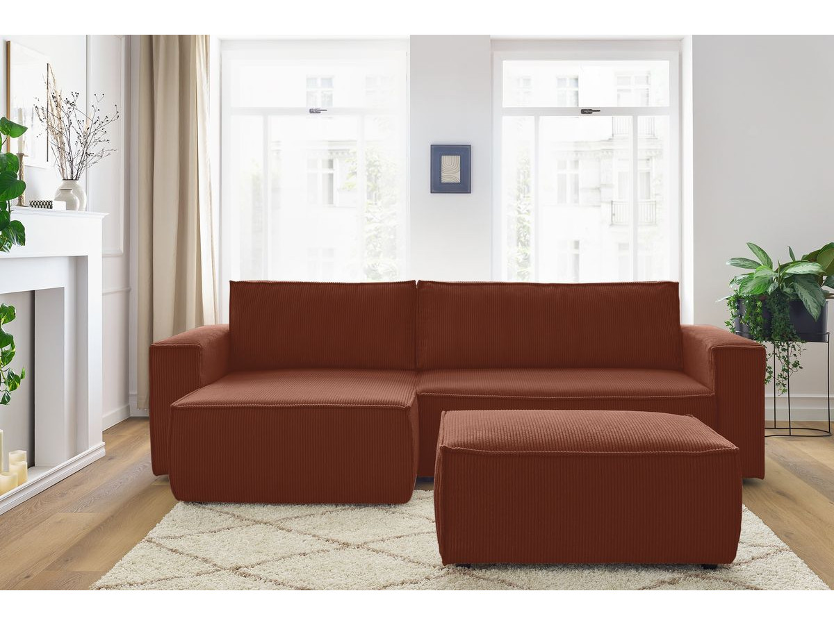 Canapé d'angle réversible convertible coffre NIHAD velours côtelé avec pouf