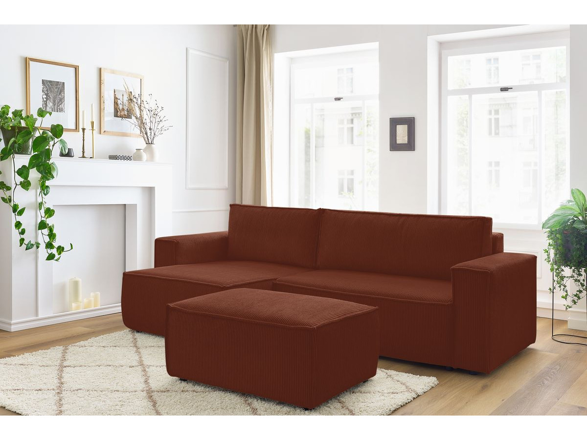 Canapé d'angle réversible convertible coffre NIHAD velours côtelé avec pouf orange BOBOCHIC 5 places - Vue supplémentaire 2