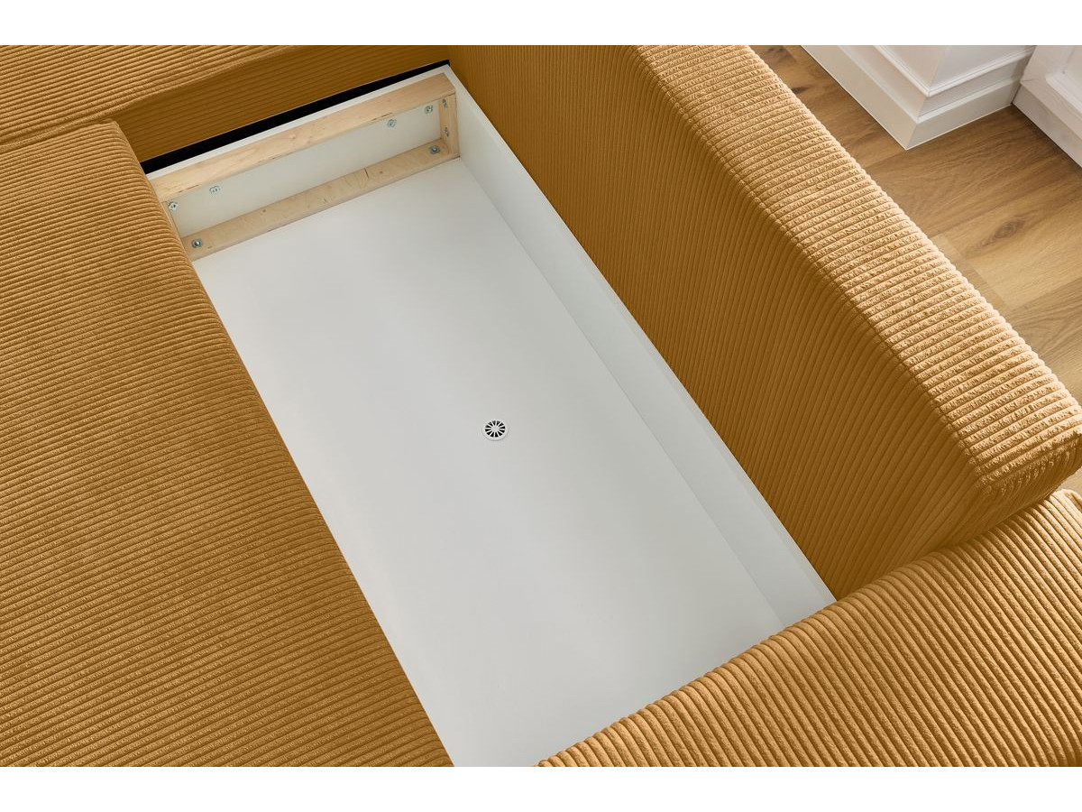 Canapé d'angle réversible convertible coffre NIHAD velours côtelé avec pouf