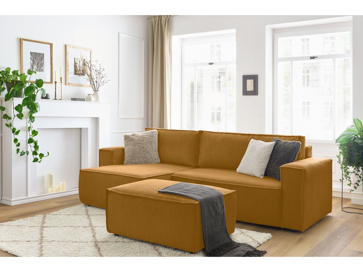 Canapé d'angle réversible convertible coffre NIHAD velours côtelé avec pouf