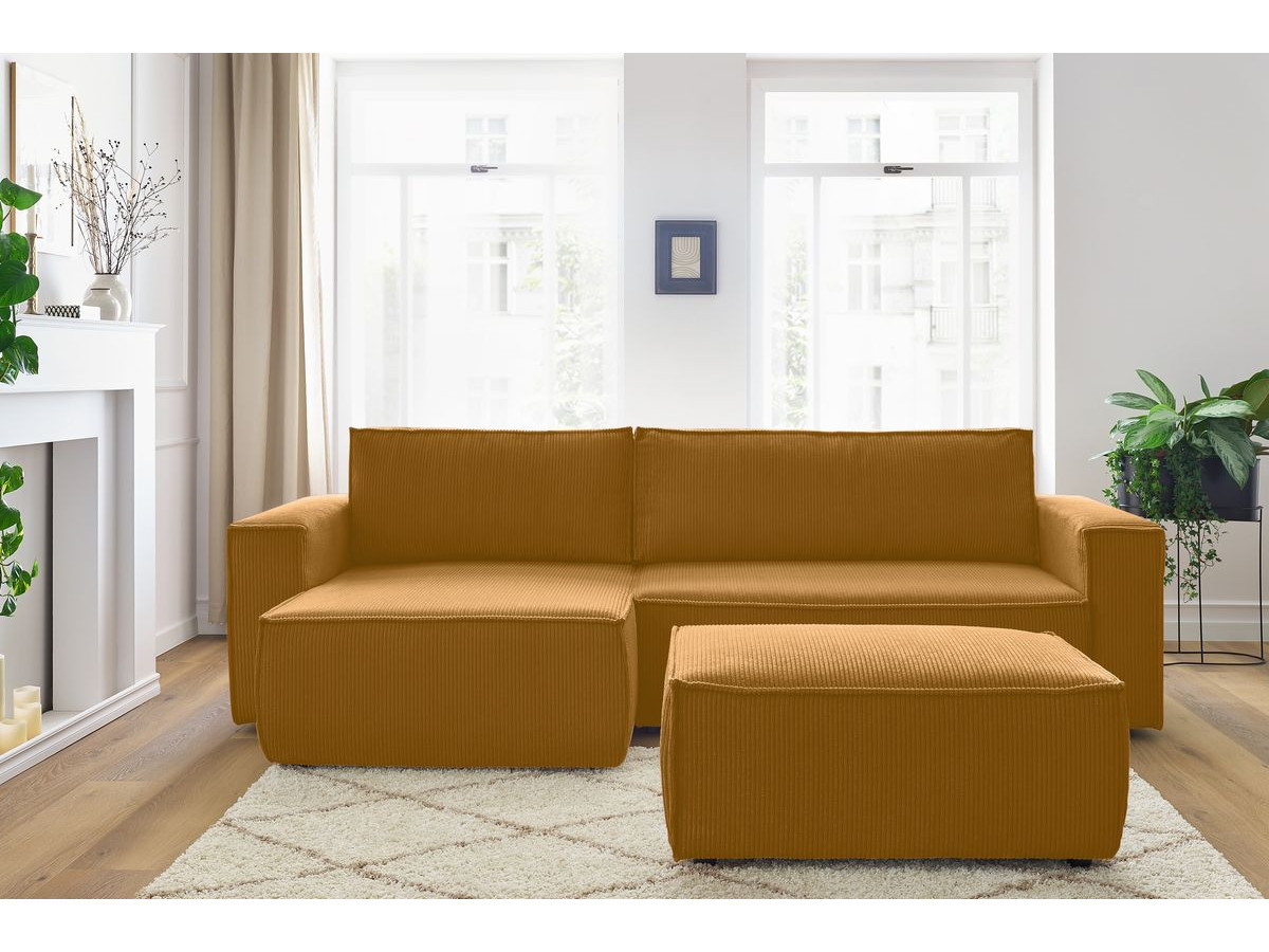 Canapé d'angle réversible convertible coffre NIHAD velours côtelé avec pouf