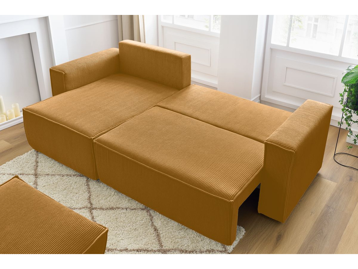 Canapé d'angle réversible convertible coffre NIHAD velours côtelé avec pouf
