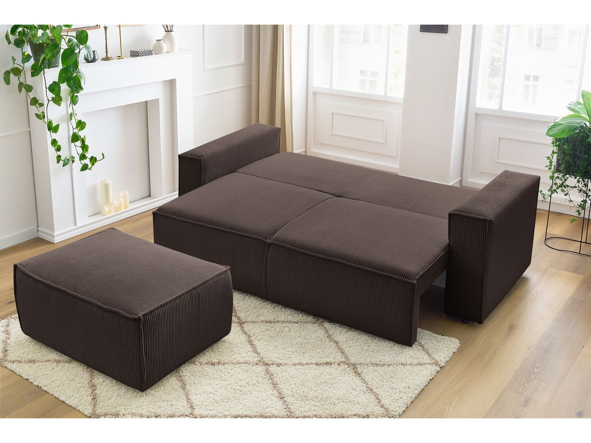 Canapé droit convertible coffre NIHAD velours côtelé avec pouf