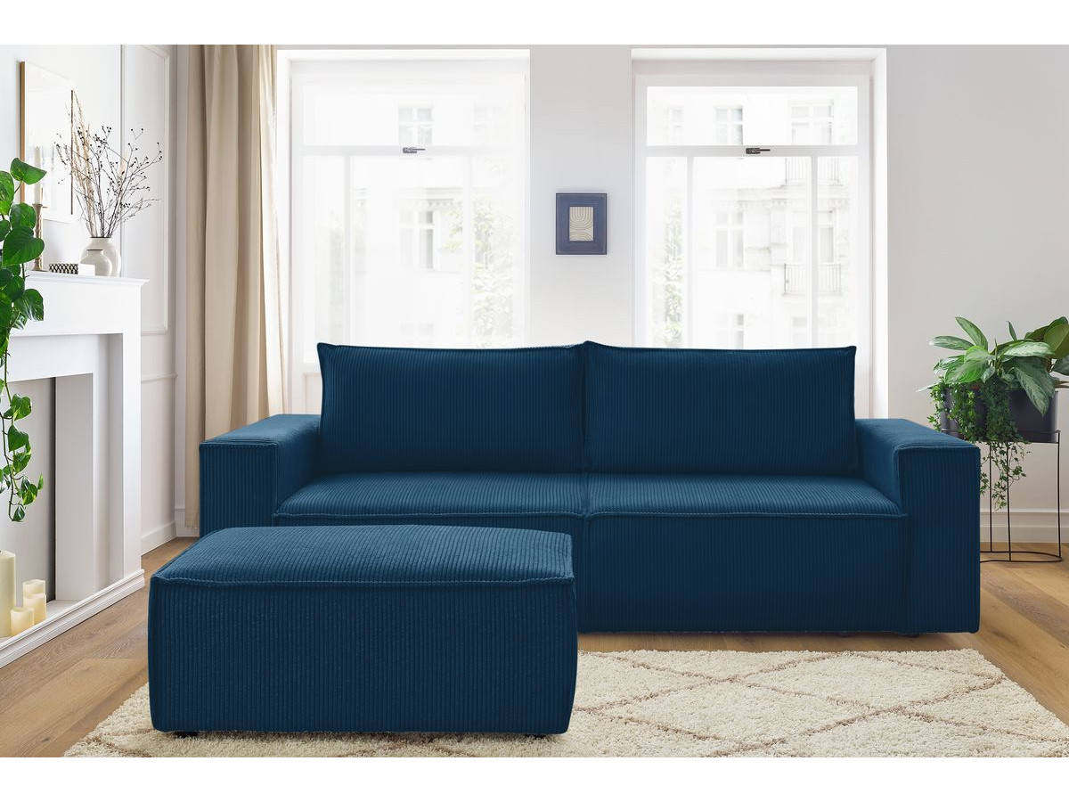 Canapé droit convertible coffre NIHAD velours côtelé avec pouf bleu foncé — vue 5